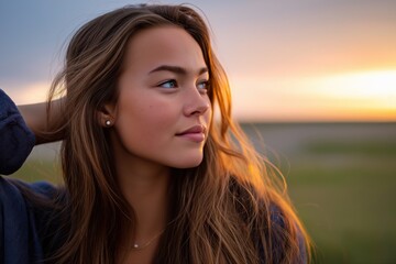 Fototapeta premium Young caucasian female gazing at sunset in open field with long hair