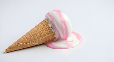 Delicious melting ice cream cone with pink and white swirl soft serve on a white background perfect for dessert and summer treat advertising and food promotion
