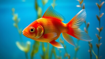 Fototapeta premium Red goldfish swimming gracefully in clear water, surrounded by aquatic plants and soft blue light.
