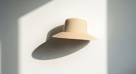 Minimalist beige wide-brimmed hat casting a shadow on a smooth white wall creating a simple elegant aesthetic for fashion accessories and summer style concepts