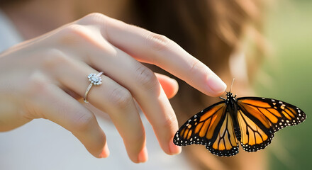 Close-up of a woman's hand with an engagement ring gently holding a vibrant monarch butterfly outdoors during daylight showcasing delicate beauty and nature's elegance for romantic and nature-themed