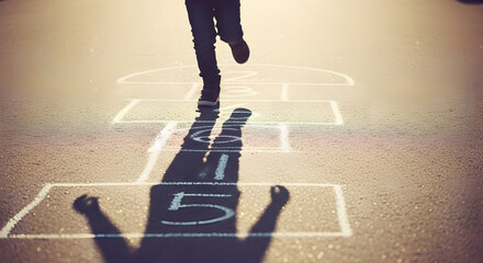 Dynamic image of a person running on a sports court with hopscotch chalk markings and their shadow cast on the ground emphasizing movement and activity in an outdoor setting for sports and recreation
