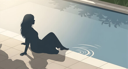 Silhouette of a woman relaxing by the swimming pool enjoying a peaceful summer day with calm water and clear sky creating a tranquil outdoor scene perfect for leisure and relaxation