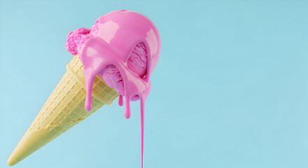 Delicious pink ice cream cone with melting scoop on a light blue background perfect for summer desserts and sweet treat advertisements
