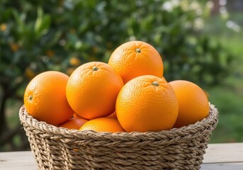 A basket full of fresh oranges sits on a wooden table outdoors