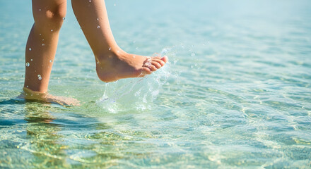 Close-up of a child's feet splashing in clear shallow water at the beach during sunny day capturing playful summer activity and refreshing seaside environment for travel and leisure themes