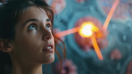 A woman stands near a wall, gazing at a painting with interest