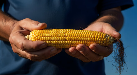 Close-up of a person holding a fresh yellow corn cob with dark background emphasizing agricultural produce and healthy eating concepts in a natural setting