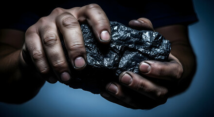 Close-up of a person's hands holding a piece of black coal with a dark background emphasizing the texture and roughness of the coal for industrial or environmental themes