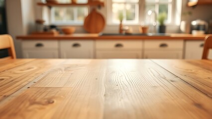 Fototapeta premium A natural wood table showcases subtle grain texture with a softly focused kitchen window in the background under morning light.
