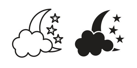 Cloud moon icon flat and stroke style pack on white background. Vector illustrations