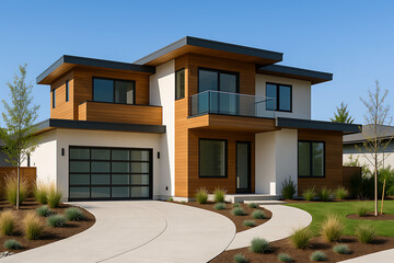 Contemporary suburban home with wood panel accents and frosted glass garage set against clear blue sky and manicured front yard landscaping