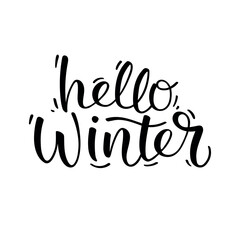 Hand-drawn "Hello Winter" lettering in modern calligraphy style. Festive typography for winter cards, prints, decorations, and seasonal designs.
