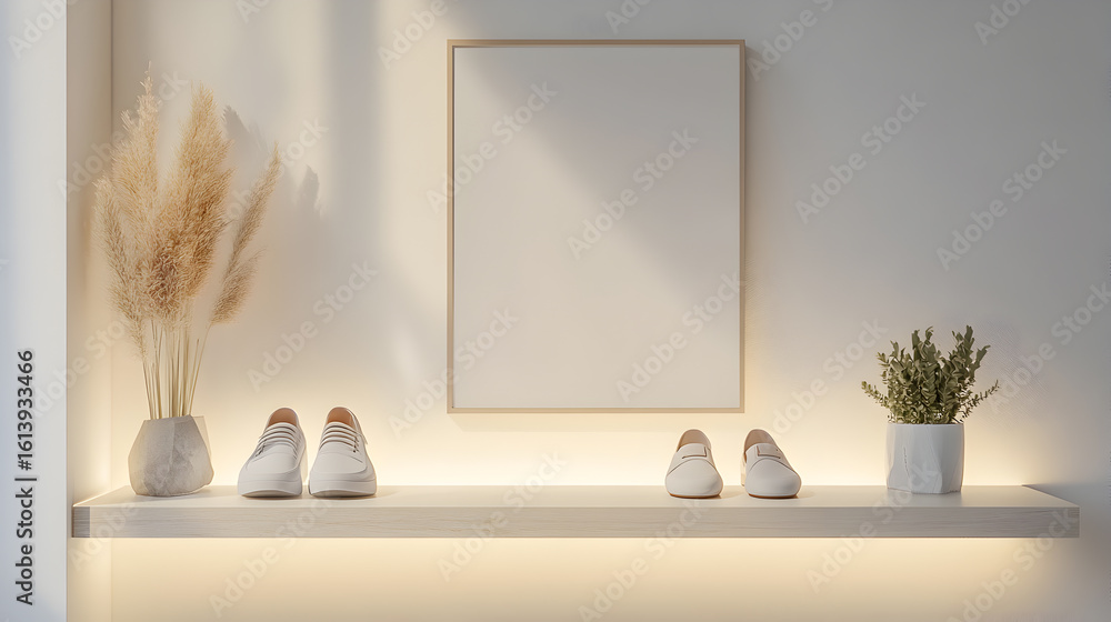 Poster minimalist entryway decor with floating shelf and blank picture frame