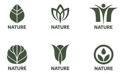 Vector art of a collection of natureinspired logo designs showcases various leaf and plant icons, offering a modern and organic aesthetic for branding and environmental concepts isolated on white back