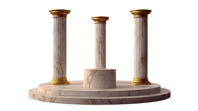 Three classical corinthian columns on a circular pedestal isolated on transparent background