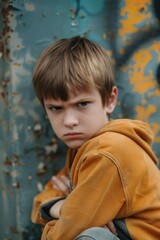 National bullying prevention month awareness with concerned child portrait. The problem of bullying at school, bullying of classmates based on nationality, race or class