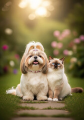 Um elegante c&atilde;o Shih Tzu com uma tiara e um gato Ragdoll de olhos azuis posando juntos em um jardim florido ensolarado.