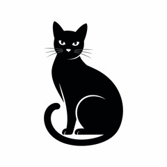 Sophisticated Black Cat Silhouette Sitting Gracefully with Curled Tail Vector Illustration for Animal and Pet Designs