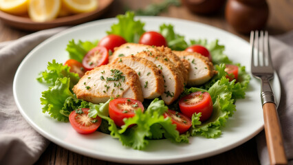 Grilled Chicken Salad with Tomatoes, served on a White Plate.
