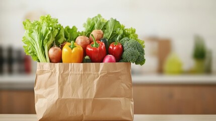 Fresh Colorful Vegetables and Greens in Paper Bag on Kitchen Counter