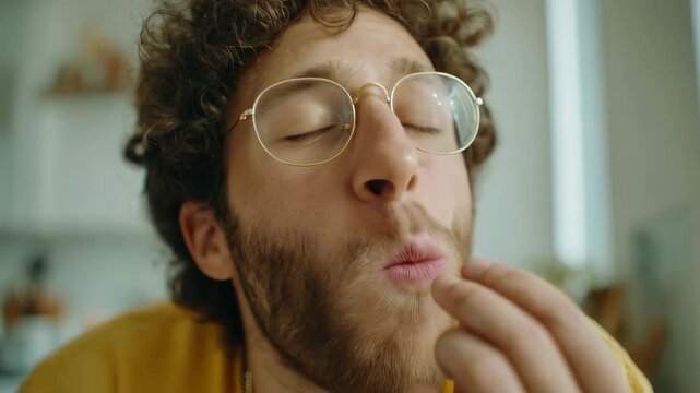 Young Caucasian man with curly hair and glasses enjoying a snack in a bright kitchen. He is smiling while taking a bite of a cookie.