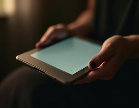 Una tableta kindle en las manos de un joven dentro de una habitaci&oacute;n oscura.