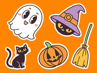 Fototapeta premium Cute Halloween Sticker Set with Ghost Cat Pumpkin Witch Hat and Broom on Orange Background