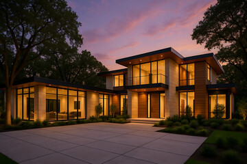Elegant modern home with stone and wood siding large glass windows and soft sunset lighting surrounded by trees and manicured landscape
