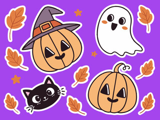 Cute Halloween Stickers Pumpkins Ghost and Black Cat on a Purple Background collection cute