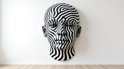 Abstract striped head sculpture mounted on white wall. Modern art decor.