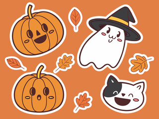 Cute Halloween Stickers Pumpkins a Ghost in a Witch Hat a Cat and Leaves