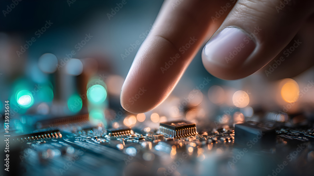 Poster engineer touching electronic circuit board component in research laboratory