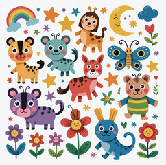 Obraz premium Cartoon baby animal vector collection: funny owl, dog, bird, panda, cow, lion, monster, zebra, cat, elephant, and pig icon set illustration for zoo safari