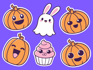 Cute Halloween Stickers Pumpkins Ghost Bunny and Cupcake on a Purple Background collection cute