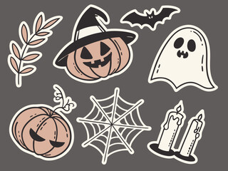 Cute Halloween Stickers Pumpkin Ghost Bat Spiderweb Candles and Branch on a Dark Background