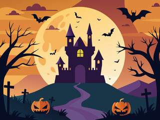 Spooky Halloween Night Scene Featuring a Haunted Castle Bats Pumpkins and Graveyard cartoon illustration