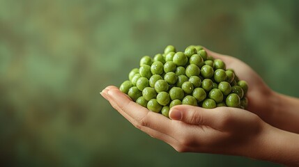 A person is holding a bunch of green peas in their hands. The peas are fresh and vibrant, and the person seems to be enjoying the experience of holding them