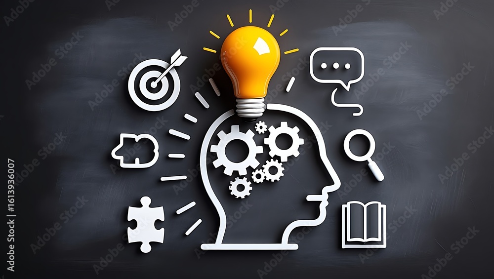 Poster concept of innovation and creativity represented by a light bulb illuminating a human head filled wi