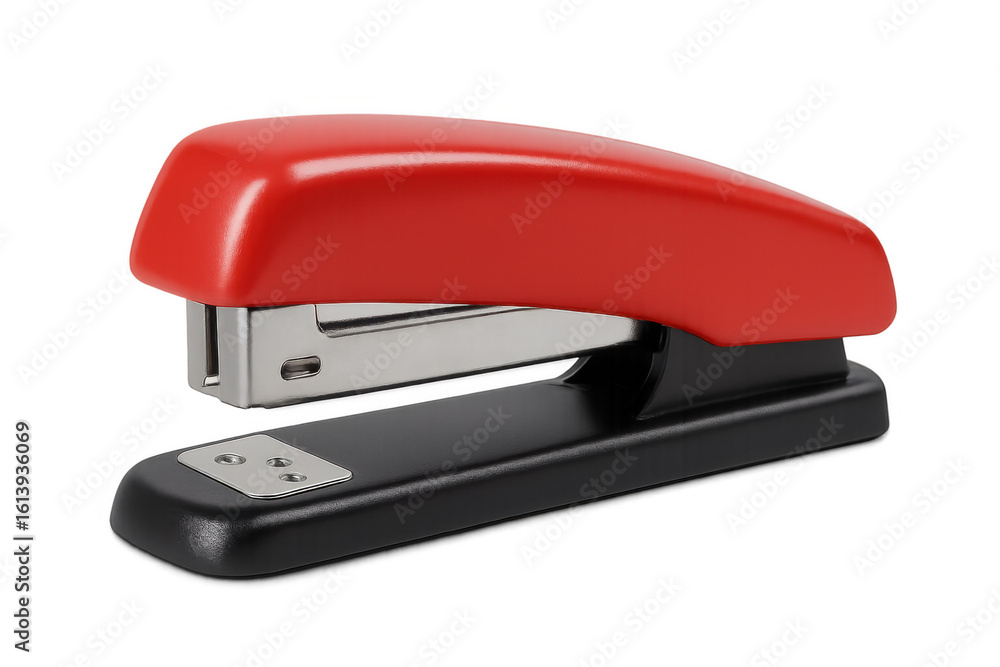 Poster red stapler sitting on a transparent background, ready for efficiently binding documents at home or 