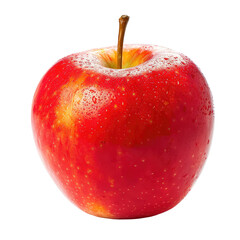 Single red apple, slightly glossy, with a stem and small water droplets/bubbles