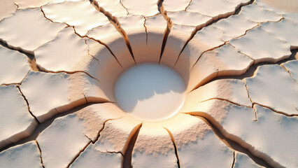 Arid Ground: Drought cracks in desert soil with water hole in cracked earth