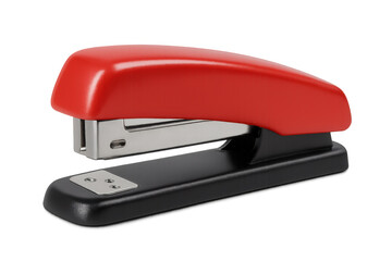 Red stapler sitting on a transparent background, ready for efficiently binding documents at home or in the office environment