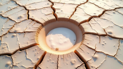 Cracked Earth Soil Pit with Water Hole - Drought Land