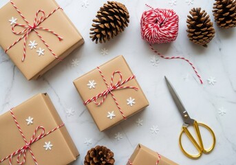A festive arrangement of wrapped gifts, pinecones, and scissors