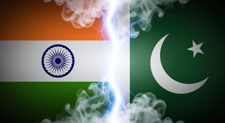 Dramatic India and Pakistan Flag Split With Lightning Crack Symbolizing Conflict, Surrounded by Smoke and Rising Tension JPG