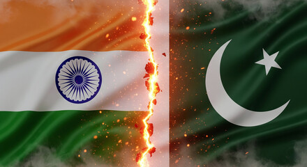 Split Canvas with Flowing India and Pakistan Flags Divided by Burning Crack and Fire Particles JPG