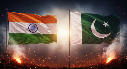 India and Pakistan Fabric Flags Crossed With Strong Wind Effect, Glowing Orange Sparks and Rising Smoke in a Dramatic Scene JPG