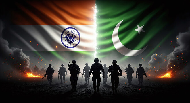 India and Pakistan Flags Split Behind Black Soldier Silhouettes in Dark Battlefield Scene With Sparks and Smoke JPG - Powered by Adobe
