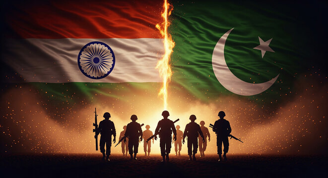 India and Pakistan Flags Split Behind Black Soldier Silhouettes in Dark Battlefield Scene With Sparks and Smoke JPG - Powered by Adobe